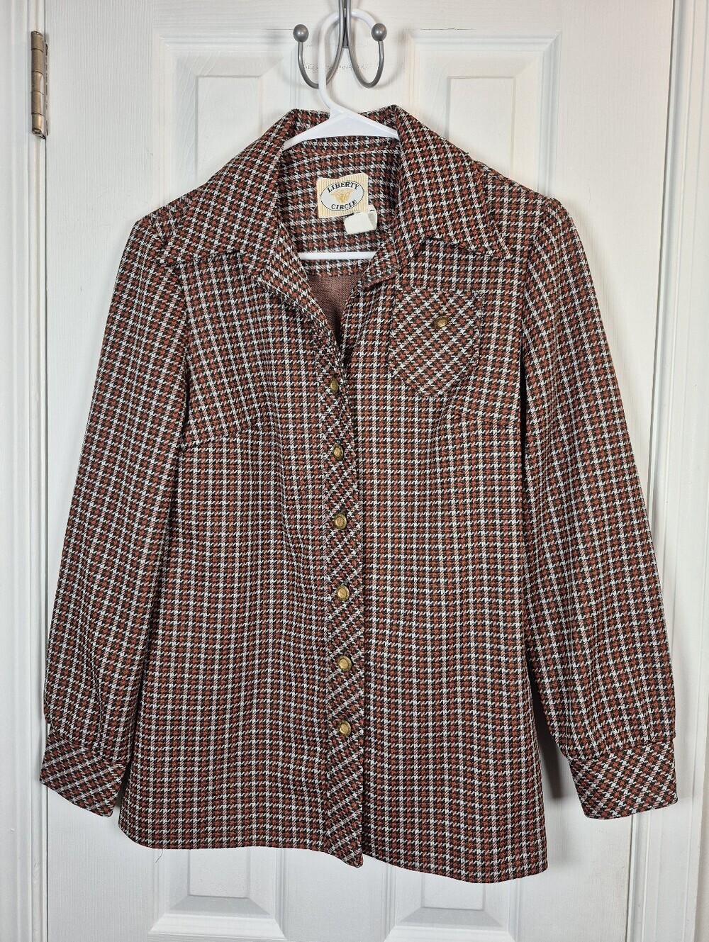 Vintage 70s Liberty Circle Rust Plaid Dagger Collar Knit Button Up Blouse S